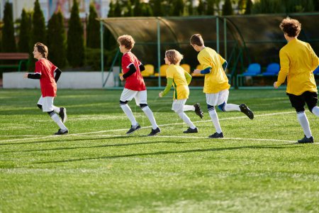 Photo for A group of energetic young boys are immersed in a game of soccer, dribbling and passing the ball with enthusiasm. They are running, kicking, and shouting with joy as they compete on the field. - Royalty Free Image