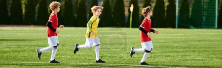 Foto de Un grupo de jóvenes jugando apasionadamente un partido de fútbol, corriendo, pateando y pasando la pelota en un campo de hierba bajo el cálido sol. - Imagen libre de derechos