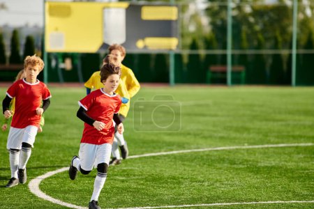 Un grupo de jóvenes jugando con entusiasmo un partido de fútbol, corriendo, pateando la pelota, y animándose mutuamente en una competencia amistosa.