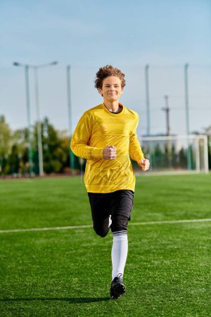 Ein junger Mann mit Zielstrebigkeit und Konzentration sprintet auf einen Fußballplatz und zeigt seine Beweglichkeit und Athletik, während er dem Ball hinterherjagt.