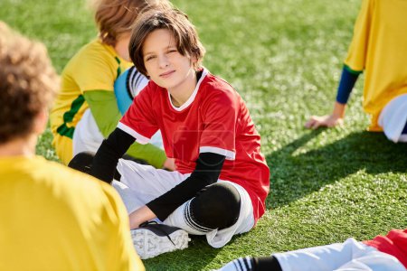 Eine Gruppe junger Jungen in Freizeitkleidung sitzt auf einem saftig grünen Fußballfeld unter der strahlenden Sonne, plaudert und lacht, während sie eine Spielpause genießen..