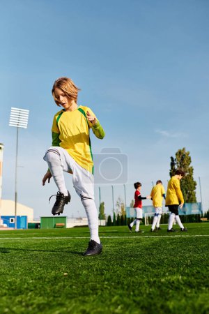 A young boy is passionately kicking a soccer ball on a green field. His focused expression and skilled movements show his dedication and love for the sport.