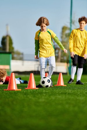 Photo for A group of young children, filled with enthusiasm, are engaged in a lively game of soccer. They are running, kicking the ball, laughing, and cheering each other on. The sun is shining brightly, casting long shadows on the grassy field. - Royalty Free Image