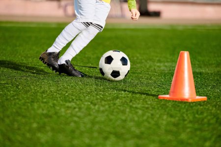 Foto de Un niño mostrando impresionantes habilidades de fútbol mientras patea una pelota alrededor de un cono, mostrando su agilidad y precisión en el campo. - Imagen libre de derechos