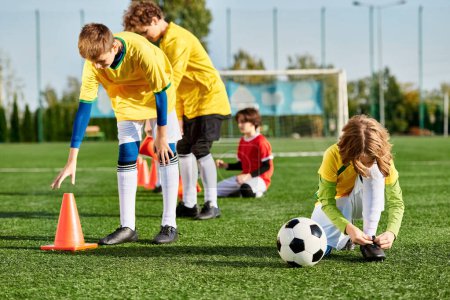 Grupa małych dzieci w kolorowych koszulkach entuzjastycznie grających w piłkę nożną na trawiastym polu. Dryblują, przechodzą i strzelają bramki, prezentują pracę zespołową i sportową.