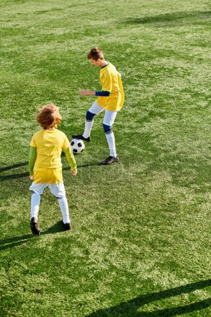 A lively scene unfolds as two young men joyfully kick around a soccer ball on the field, showcasing their skills with ease and finesse.