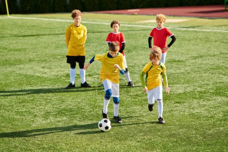 Un groupe de jeunes garçons jouant à un jeu intense de football sur un terrain herbeux. Ils courent, donnent des coups de pied au ballon et s'encouragent mutuellement alors qu'ils participent à un match amical mais compétitif.
