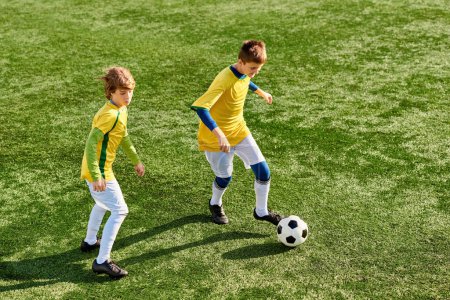 Zwei energische junge Jungs spielen begeistert Fußball auf einem weitläufigen Feld, kicken den Ball aufeinander zu und zeigen in einem Freundschaftsspiel ihr Können.