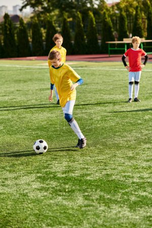 A group of young boys passionately engaged in a game of soccer, kicking the ball, running energetically across the field, and cheering each other on. Their faces reflect determination and joy as they strive to score goals and outplay their opponents.