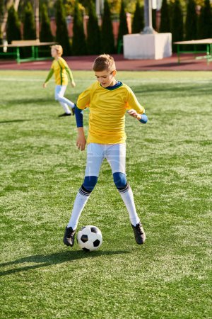 Téléchargez les photos : Un jeune homme donne un coup de pied énergique à un ballon de football sur un vaste terrain vert, mettant en valeur ses compétences et sa passion pour le sport. - en image libre de droit