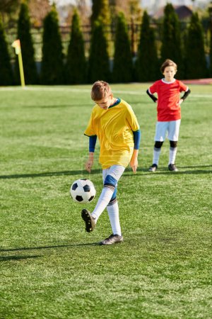 Un grupo de jóvenes enérgicos participan en un animado juego de fútbol, pateando la pelota con determinación a través de un campo de hierba mientras ríen y gritan de emoción.