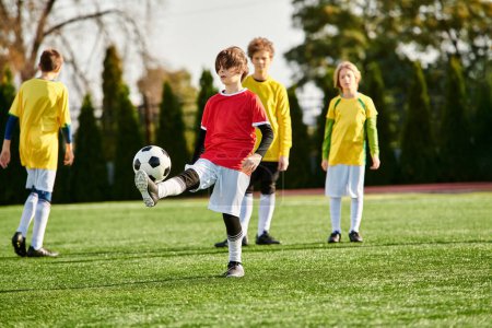 A group of young boys, full of energy and enthusiasm, engage in a lively game of soccer on a grassy field. They run, kick, and pass the ball with skill and determination, their laughter and shouts filling the air.