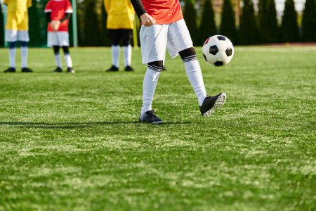 Foto de Un joven patea enérgicamente una pelota de fútbol en un campo vibrante, mostrando su habilidad y agilidad en el deporte. - Imagen libre de derechos
