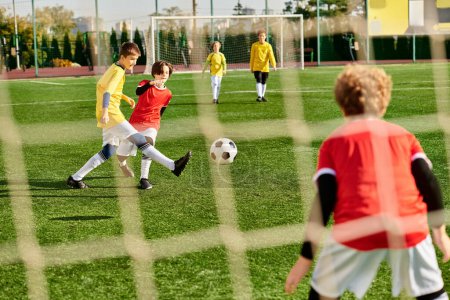 A lively group of young children playing an enthusiastic game of soccer, running, kicking, and passing the ball with pure delight and energy.