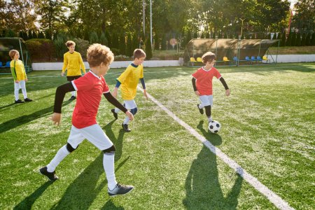 Un groupe de jeunes garçons jouant avec enthousiasme un jeu de football sur un terrain vert. Ils courent, donnent des coups de pied au ballon, s'encouragent mutuellement, font preuve de travail d'équipe et d'esprit sportif.