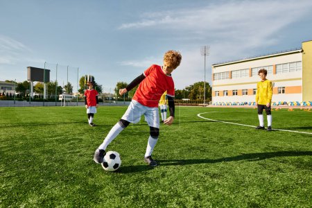Eine Gruppe junger Männer spielt leidenschaftlich ein temperamentvolles Fußballspiel auf der grünen Wiese, kickt, dribbelt und schießt mit Begeisterung und Geschick Tore.