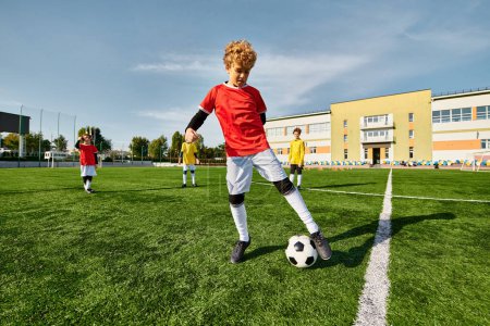 A talented young boy is skillfully kicking a soccer ball on a green field, showcasing his agility and precision in the sport.