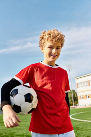 A young boy stands confidently on a lush green soccer field, holding a soccer ball with determination. The sun is shining brightly, casting a warm glow on his eager face.