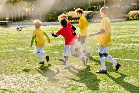 A vibrant scene unfolds as a group of energetic children engage in a spirited game of soccer on a sunny field, kicking, dribbling, and passing the ball with enthusiasm and teamwork.