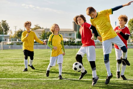 Grupa młodych chłopców radośnie kopie wokół piłki nożnej, pokazując swoje umiejętności i budując koleżeństwo, grając razem w przyjacielskim meczu.