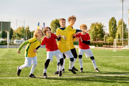 A lively group of children is playing a friendly game of soccer. Excited shouts fill the air as they chase after the ball, passing and shooting with enthusiasm. The field is a flurry of movement and laughter as they display teamwork and sportsmanship