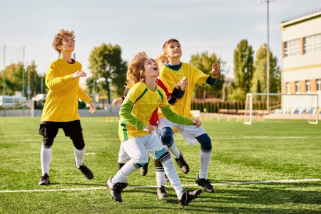 Un groupe dynamique de jeunes individus jouant avec enthousiasme un jeu de football sur un terrain herbeux, courir, donner des coups de pied et passer le ballon avec compétence et travail d'équipe.