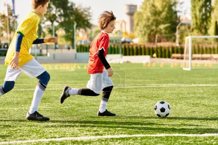 Zwei kleine Kinder in bunten Fußballtrikots spielen begeistert Fußball auf der grünen Wiese. Sie kicken den Ball mit Präzision und Begeisterung hin und her und zeigen damit ihre Leidenschaft für den Sport..