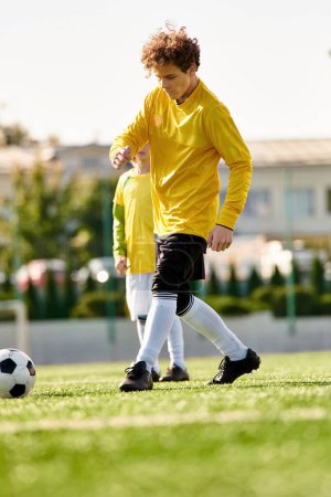 Dos jóvenes pateando enérgicamente una pelota de fútbol en un campo soleado, mostrando sus habilidades y trabajo en equipo.