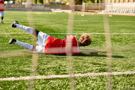 Photo for A young boy energetically plays soccer on a green field, wearing a jersey and dribbling the ball. He shows skill and passion as he moves towards the goal, surrounded by the cheering crowd. - Royalty Free Image