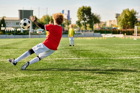 Photo for A young boy energetically kicks a soccer ball, sending it soaring across a vast field. His focused expression and precise technique demonstrate his passion for the sport. - Royalty Free Image