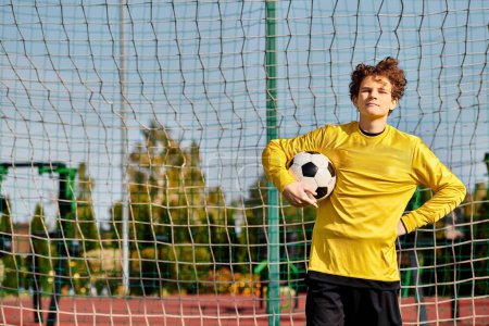 Un joven se para frente a una red de fútbol, sosteniendo una pelota de fútbol. Sus ojos están enfocados, listos para asumir el reto de marcar un gol. El campo verde se extiende detrás de él, bajo un cielo azul claro.