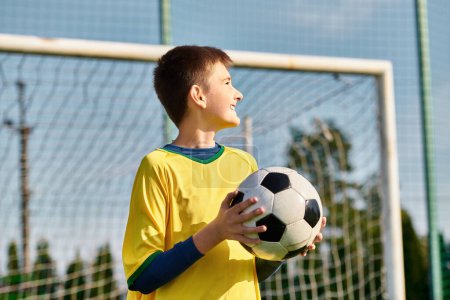 Un joven se para frente a un gol de fútbol, sosteniendo una pelota de fútbol. Él mira atentamente a la portería, listo para disparar y mostrar sus habilidades.