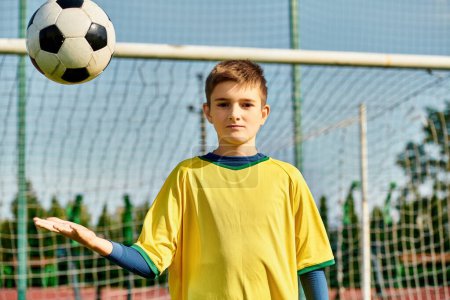 Téléchargez les photos : Un jeune garçon se tient sur un terrain de soccer vert, exsudant l'excitation alors qu'il tient un ballon de soccer dans ses mains. Ses yeux brillent d'enthousiasme, désireux de jouer et de mettre en valeur ses compétences. - en image libre de droit