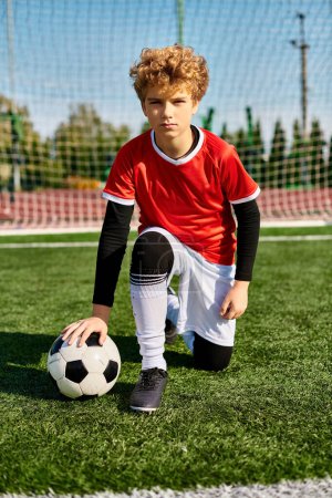Un joven con un uniforme de fútbol se arrodilla con gracia sobre el césped, sosteniendo una pelota de fútbol delante de él.