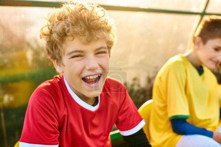 Photo for Two young boys sitting close together on a park bench, engrossed in conversation. One boy gestures animatedly while the other listens intently, their faces reflecting curiosity and excitement. - Royalty Free Image