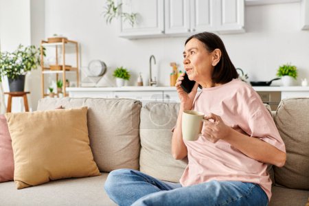 Téléchargez les photos : Une femme mûre en tenue confortable, assise sur un canapé, tenant délicatement une tasse de café. - en image libre de droit