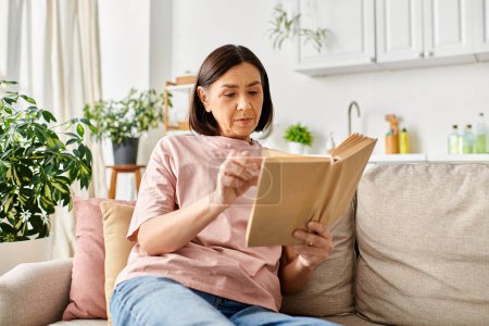 Reife Frau in Homewear auf einer Couch sitzend, vertieft in ein Buch lesen.