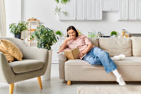 A mature woman in cozy homewear sits on a couch, deeply engrossed in reading a book.
