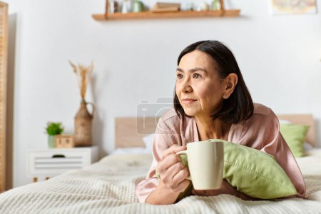 A mature woman lounging on a bed with a cup of coffee in cozy homewear.