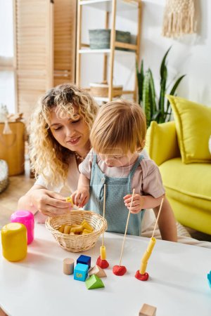 A curly-haired mother and her toddler daughter play with toys, embracing the Montessori method of education at home.