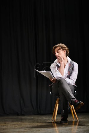 A man engrossed in reading a script while sitting on a chair.