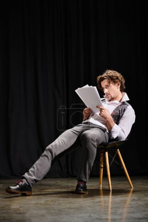 A man engrossed in reading a script while seated in a chair.
