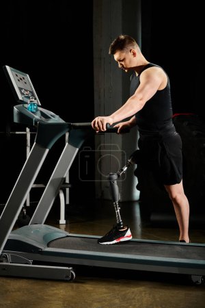 A disabled man with a prosthetic leg exercising on a treadmill
