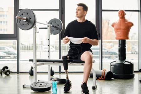 Un hombre con una pierna protésica se sienta en un banco de gimnasia, profundamente en pensamiento, mientras se toma un descanso de su rutina de entrenamiento.