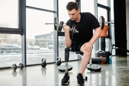 A determined man with a prosthetic leg performs a squat while holding a dumbbell in a gym.