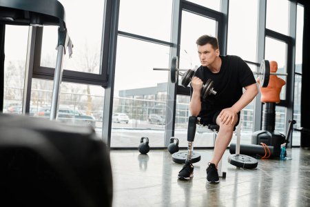 A determined disabled man with a prosthetic leg is squatting on a bench in the gym during a workout session.
