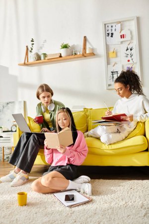 A diverse group of teenage girls sitting on top of a yellow couch, deep in study and friendship.