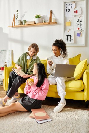 Eine bunte Gruppe von Freunden, darunter gemischtrassige Teenager-Mädchen, sitzt zusammen auf einer leuchtend gelben Couch, studiert und lacht..
