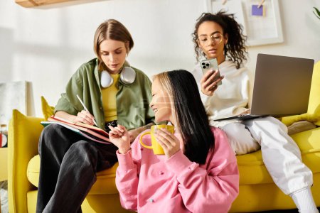 An interracial group of teenage girls studying together on a vibrant yellow couch, fostering friendship and education.
