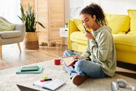Téléchargez les photos : Une adolescente assise sur le sol, utilisant un téléphone portable pour l'apprentissage en ligne, pleinement engagée dans des sessions d'étude virtuelles. - en image libre de droit